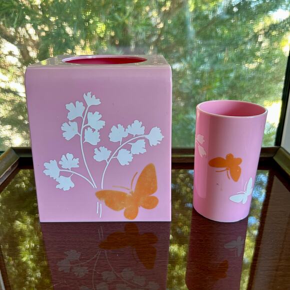 Vintage Pink Butterfly Bathroom Set – Tissue Box Cover & Cup - Picture 1 of 11